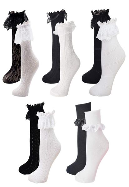 

rmsweetyil lace ruffle frilly ankle socks for women white cute lolita sheer fishnet casual ladies black crew dress sock 211202003271, Black;white