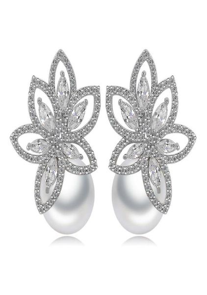 

pearl flower drop earrings bling white zircon fine jewelry wedding dangle earrings for women girl gift7678091, Golden;silver