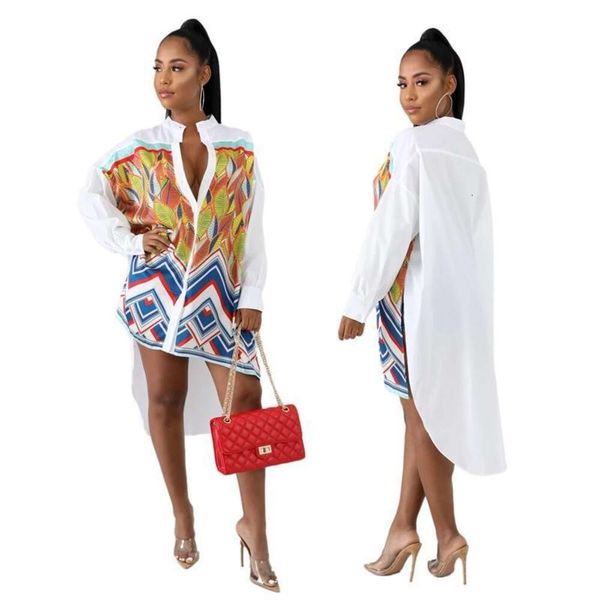 

fashion printed loose long shirt womens clothing, White