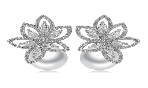 

pearl flower drop earrings bling white zircon fine jewelry wedding dangle earrings for women girl gift4237706, Golden;silver