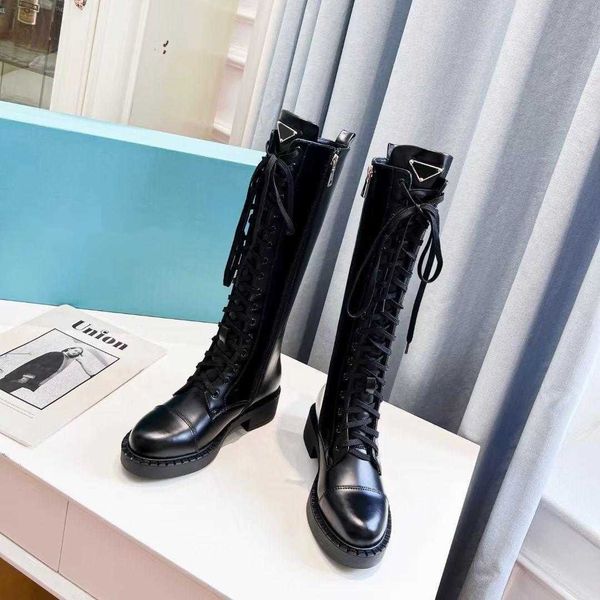 

triangle lace-up knee-high boots chunky block heel leather sole women's luxury designers fashion party dress shoes factory footwear siz, Black