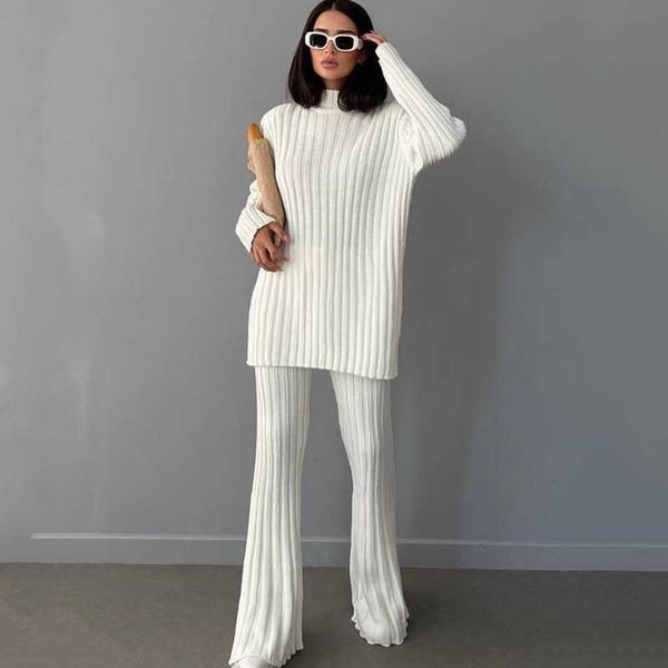 

autumn and winter russian long sleeved sweater set knitted long pants set female, White