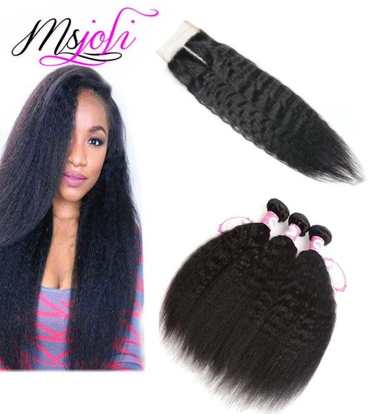 

human hair bundles with lace closure kinky straight hair brazilian virgin hair natural color 4x4 lace closure with 3 bundles 9755898, Black;brown
