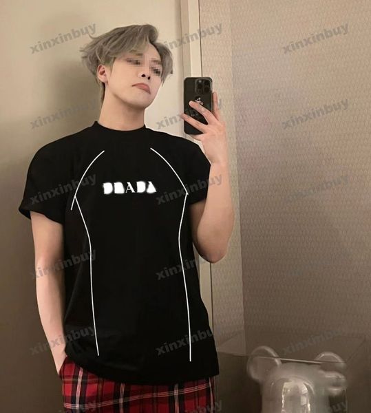 

xinxinbuy men designer tee t shirt 23ss line triangle label print short sleeve cotton women black xs-l, Black;brown