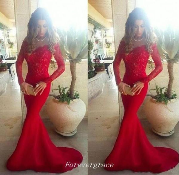 

red long sleeves evening dress mermaid off shoulder lace girls wear special occasion party gown custom made plus size9555822, Black;red