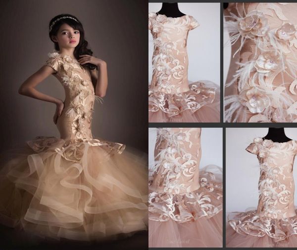 

2019 mermaid long little girl039s pageant dresses short sleeve feather lace flower girl dress for weddings jewel neck teens pro1441683, White;red