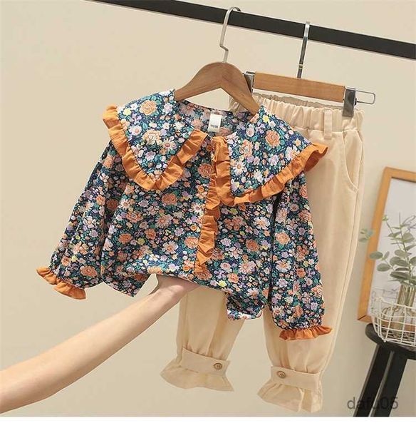 

clothing sets 2023 new girls' spring autumn floral long-sleeved shirt blouse+ casual pants 2pcs clothing set r230814, White