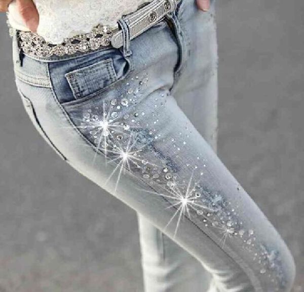 

new women diamond drilled hole jeans woman pencil pants women jeans ripped denim trousers with rhine denim pants woman 2103293925209, Blue