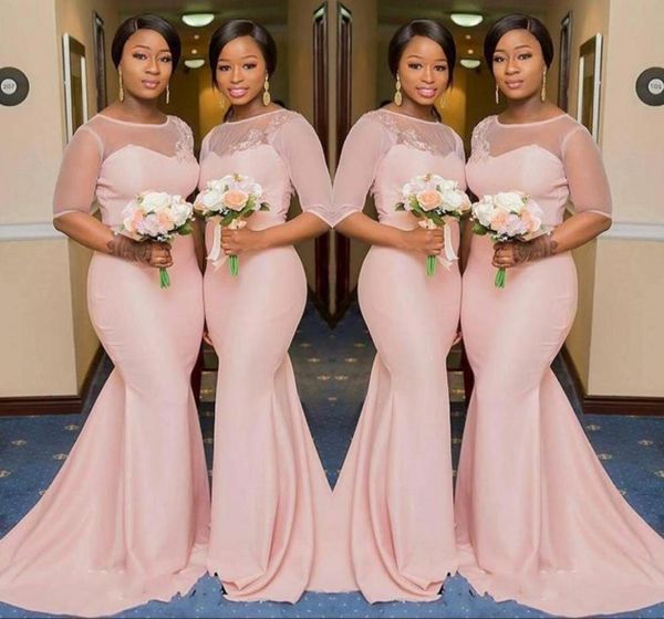 

blush pink sheer jewel neck bridesmaid dresses 12 sleeve mermaid floor length black girls maid of honor gown wedding guest dress415049189, White;pink