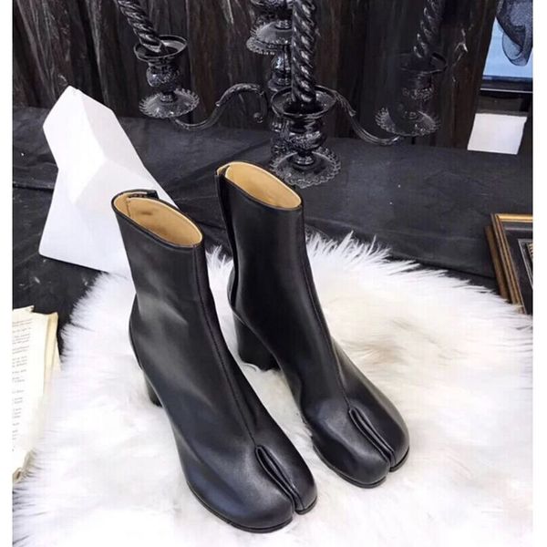 

boots brand design tabi boots split toe chunky high heel women boots leather zapatos mujer fashion autumn women shoes botas mujer 230812, Black