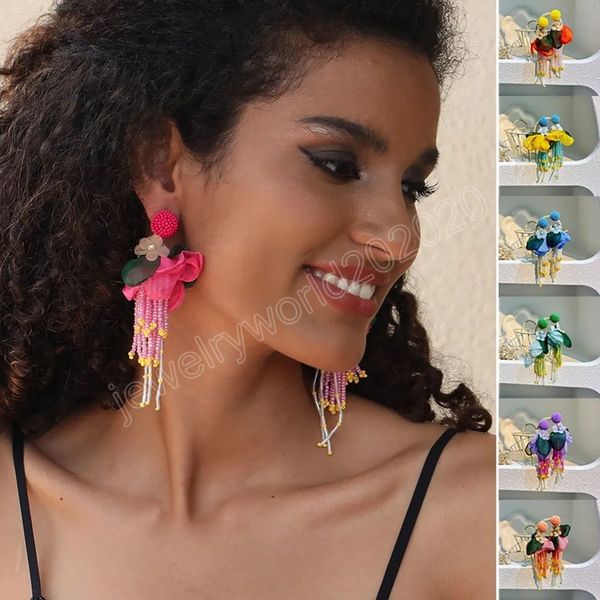 

fashion fabric flower beads long tassel dangle earrings for bohemian women original design statement drop earring jewelry party, Silver