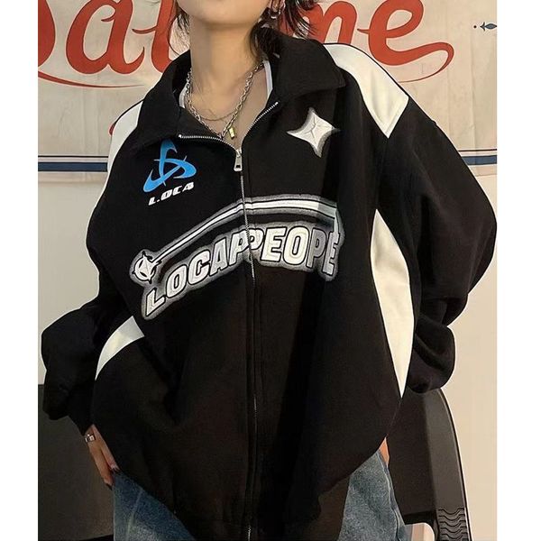 

men's hoodies sweatshirts vintage women oversized sweatshirts autumn letter print zipper jacket caots korean streetwear trend y2k femal, Black