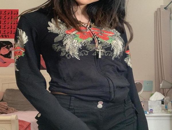 

women039s jackets rose print y2k kawaii rhine zipper hoodies grunge long sleeve cropped coat vintage spring autumn women c8441771, Black;brown
