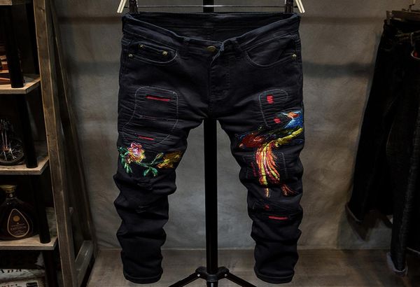 

erkek jean pantolon wind phoenix embroidery jeans men039s black slim small straight tube army green hole red elastic overalls9375539, Blue