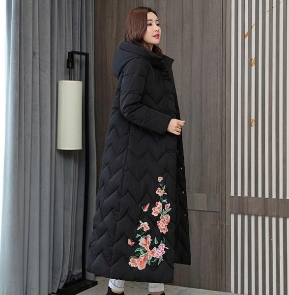 

chinese style women039s winter jacket xlong hooded with embroidery woman parkas plus size stand collar single breasted thick c9979243, Black
