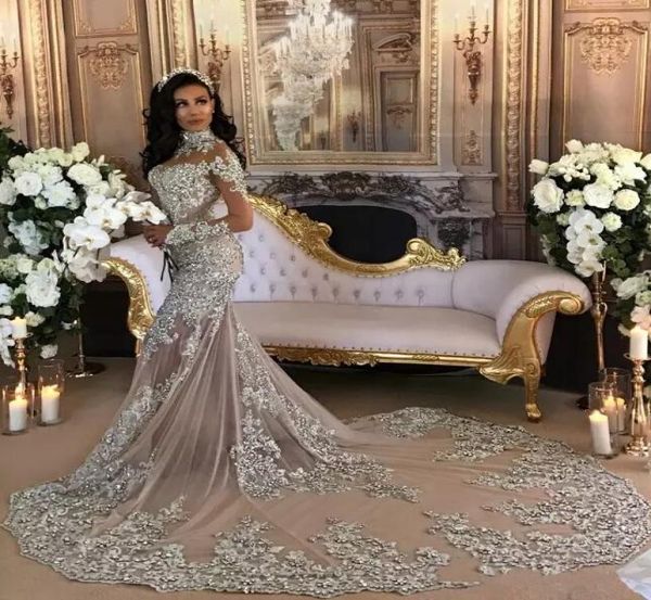 

luxury sheer long sleeve mermaid wedding dresses 2022 major beading with appliques high neck court train robe de mariage bridal go4590676, White