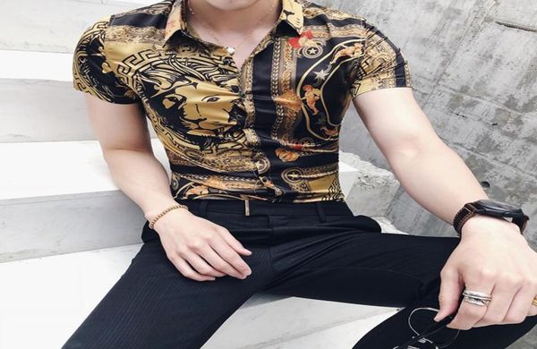 

summer personality striped shortsleeved shirt tide male nightclub hair stylist youth wild business casual flower shirt9766395, White;black