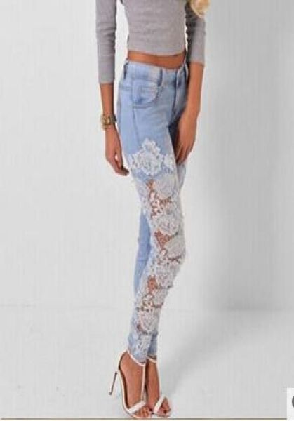 

2019 hollow out lace jeans pant women girls vintage pant long jeans splice elasticity slim fit jeans pant1345019, Blue