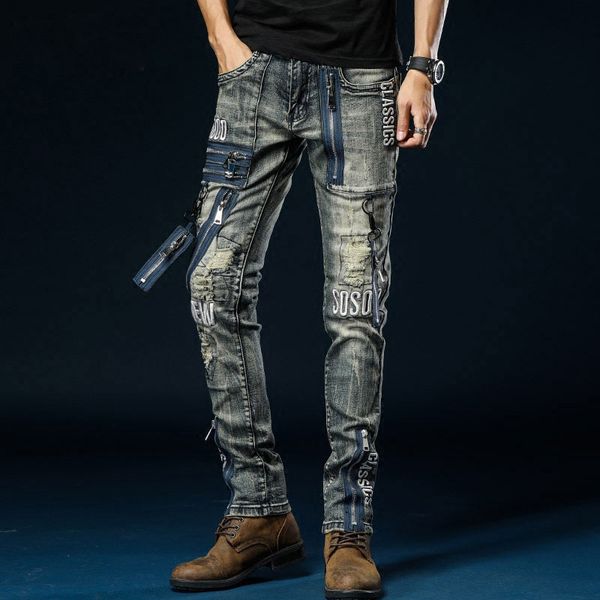 

men s jeans multi zipper men biker punk rock denim trouser slim fit rip mens embroidery motorcycle 230814, Blue