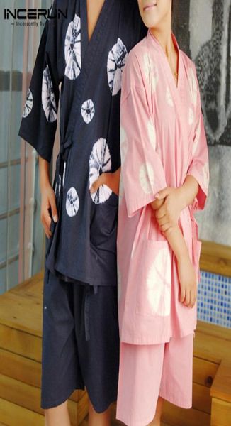 

incerun print men pajamas sets v neck japanese kimono half sleeve sleepwear chic summer shorts homewear nightwear sets 72519139, Black;brown