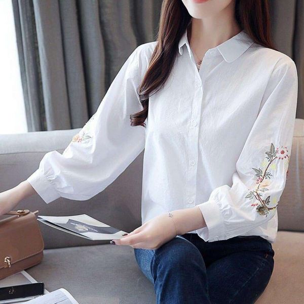 

blouse womens long sleeves spring blouses style loose skinny embroidered lantern white nine point