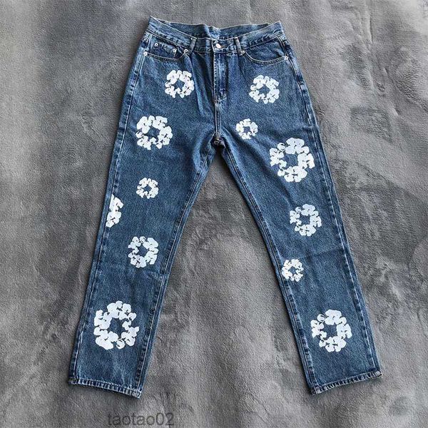 

men's jeans european and american denim tears autumn winter vintage flower printing wash loose straight jeansumga, Blue