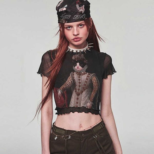 

women's summer new girl cat print mesh top, White