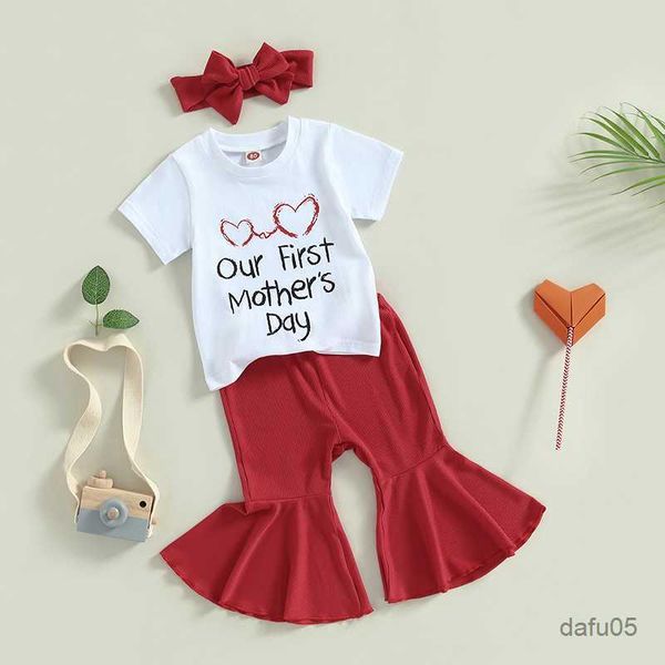 

clothing sets 2023-03-30 lioraitiin 0-18m newborn kid girl 3pcs mother's day clothing short sleeve letters print long bell-bottoms pan, White