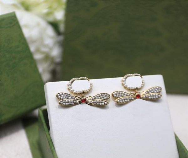 

full pearl bee charm earrings double letter women diamond studs colored rhinestone eardrop with stamps gift box4005000, Golden