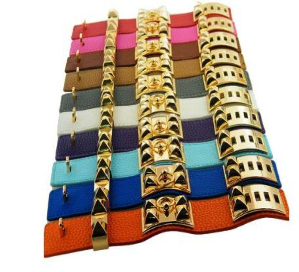 

european and american punk style exaggerated large rivet bracelet alloy bracelet casual couple lychee leather bracelet4536670, Golden;silver