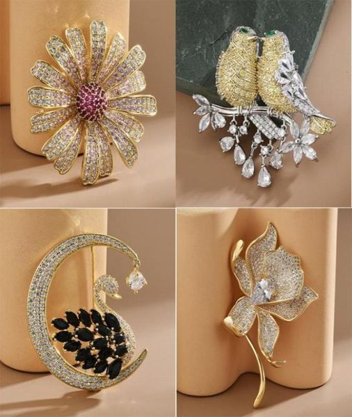 

pins brooches luxury cubic zirconia for women men elegant daisy flower bird moon n brooch pin wedding jewelry animal broche 2211147833224, Gray