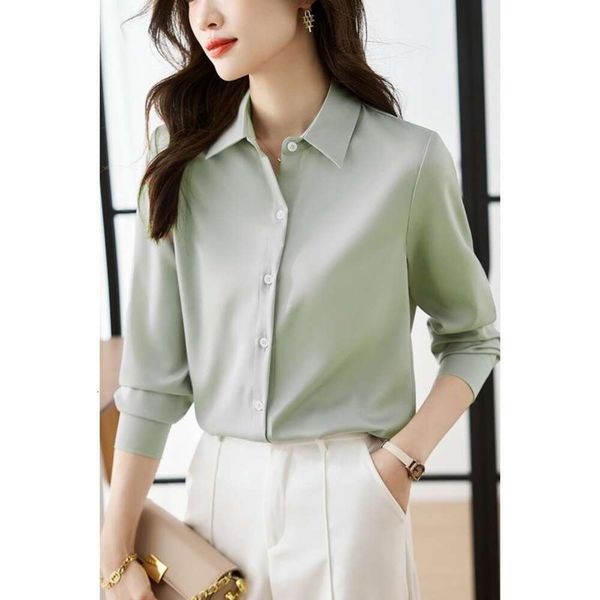 

achu simple high class green satin shirt for womens professional interview design niche top, White