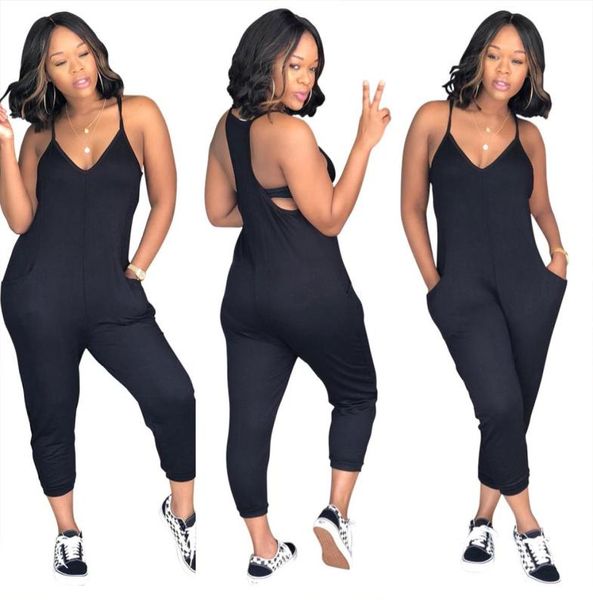 

women casual jumpsuit pocket sleeveless strap v neck one piece romper harem pants playsuit overalls5699616, Black;white