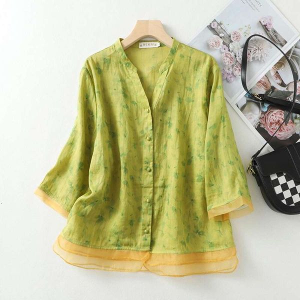 

vintage cotton and linen printed shirt hem stitching organza artistic large size temperament floral womens, White