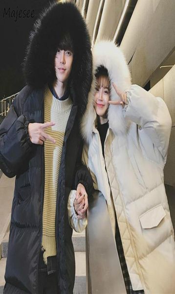 

parkas men mediumlong style winter coats fur hooded couples chic pockets solid plus size 3xl loose warm thickening ulzzang new3795817, Black