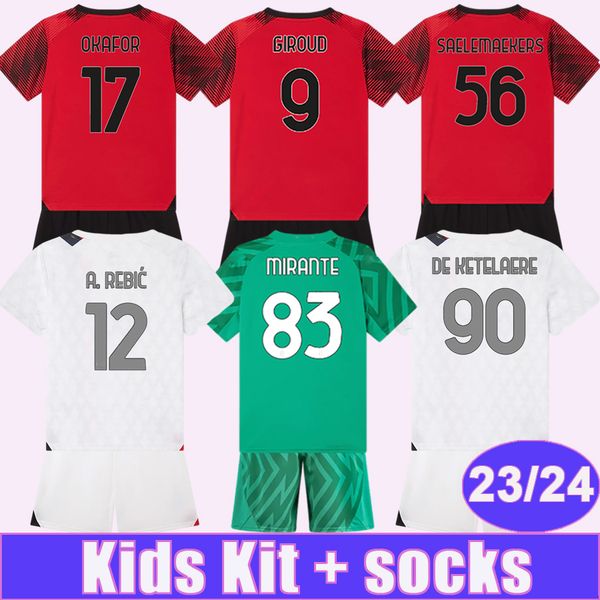 

23 24 giroud kids kit soccer jerseys rafael leao bennacer theo pulisic de ketelaere mirante home away goalkeeper child suit football shirts, Black