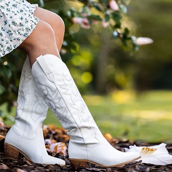 

boots bonjomarisa white cowboy cowgirls western boots embroidery fashion women knee-high boots autumn design women's boots shoes 230812, Black