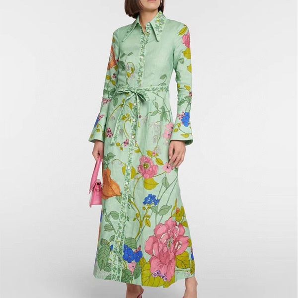 

australian niche al dress 2023 early autumn new style court style linen printed shirt skirt 7, Black;gray