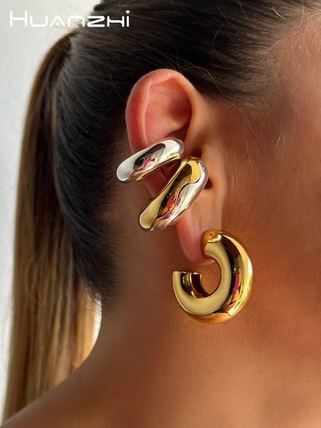 

stud huanzhi stainless steel thick cylindrical tube hollow earrings for women ear clip chunky metal geometric round fashion jewelry 230814, Golden;silver