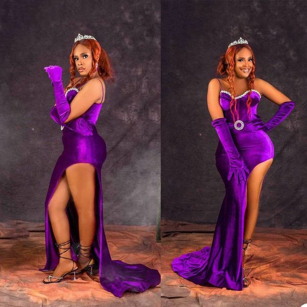 

side split evening gown elegant sweetheart crystal mermaid dresses sleeveless velvet prom dress formal, Black;red