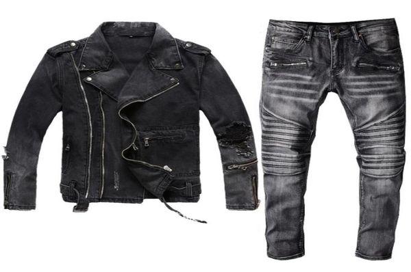 

winter mens black denim two piece set new autumn fashion slim denim jackets and biker jeans vintage 2pcs sets brand clothes suits2374035, Gray