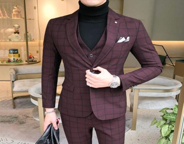 

3 pieces suit vest mens suits with pants wine red retro plaid slim fit formal wedding dress tuxedo suits plus size 5xl 20192475998, White;black