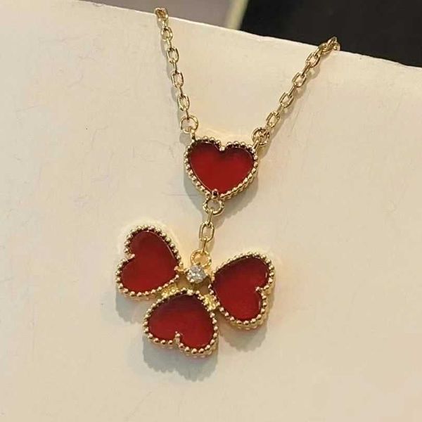 

designer four-leaf clover luxury accessories women necklace v gold thickened plated 18k gold red agate four heart white fritillaria heart pe, Black