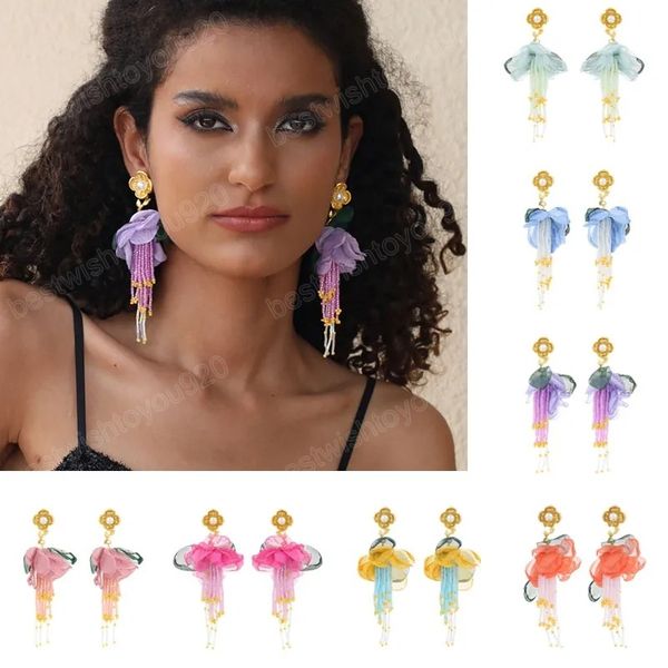 

handmade fabric flower big earrings bohemian long tassel beads drop dangle earrings statement exaggerated personality jewelry, Silver