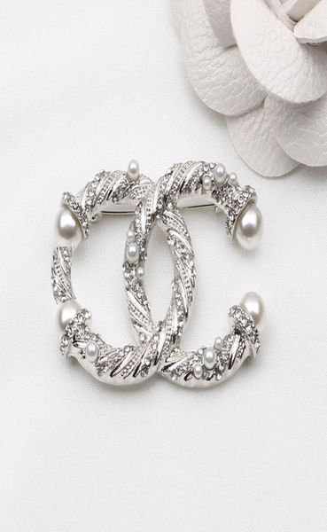 

luxury brand designer double letter pins brooches women gold silver inlay crystal pearl rhinestone cape buckle brooch suit pin wed6914985, Gray