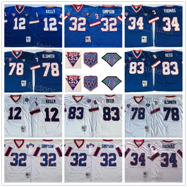 

mitchell and ness throwback football 1960 1994 xxv 12 jim kelly jersey 75th 35th anniversary 34 thurman thomas 78 bruce smith 83 ander reed, Black;red