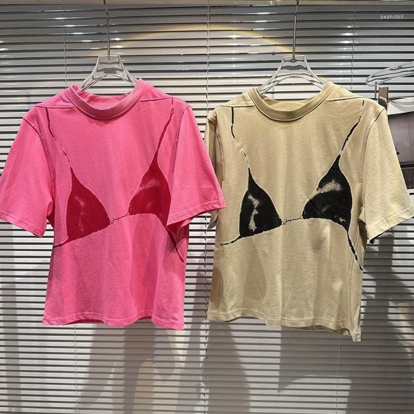 

women's t shirts 2023 summer pattern bra print street short sleeve t-shirt, White