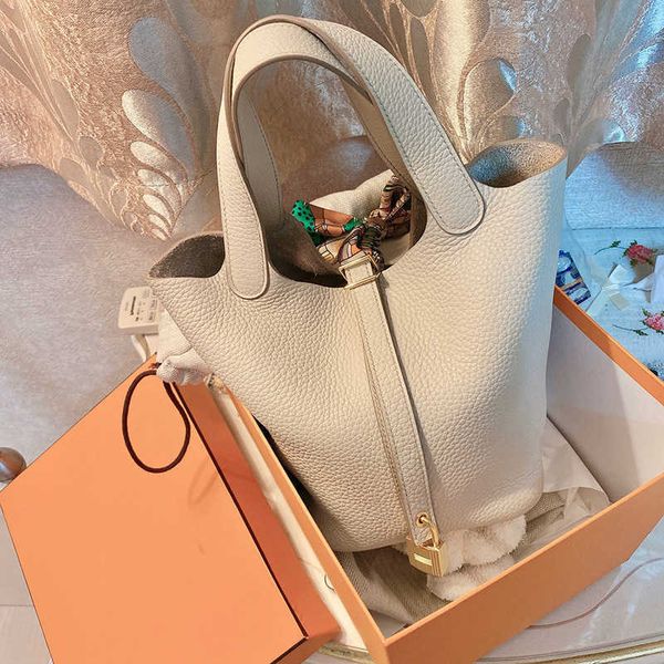 

vegetable basket bags picotin lock female leather cowhide handbag large capacity bucket bag brand tote luxury h0ko