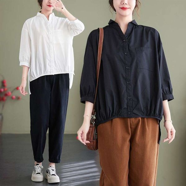 

art blouse womens blouses three quarter sleeves spring and summer style loose han fan all match skinny casual women, White