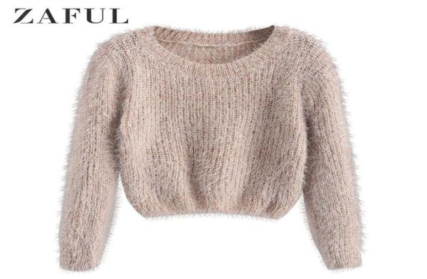 

zaful pullover fuzzy heathered sweater fluffy faux fur short round neck elastic daily women sweater autumn winter pullovers 3870544, White;black